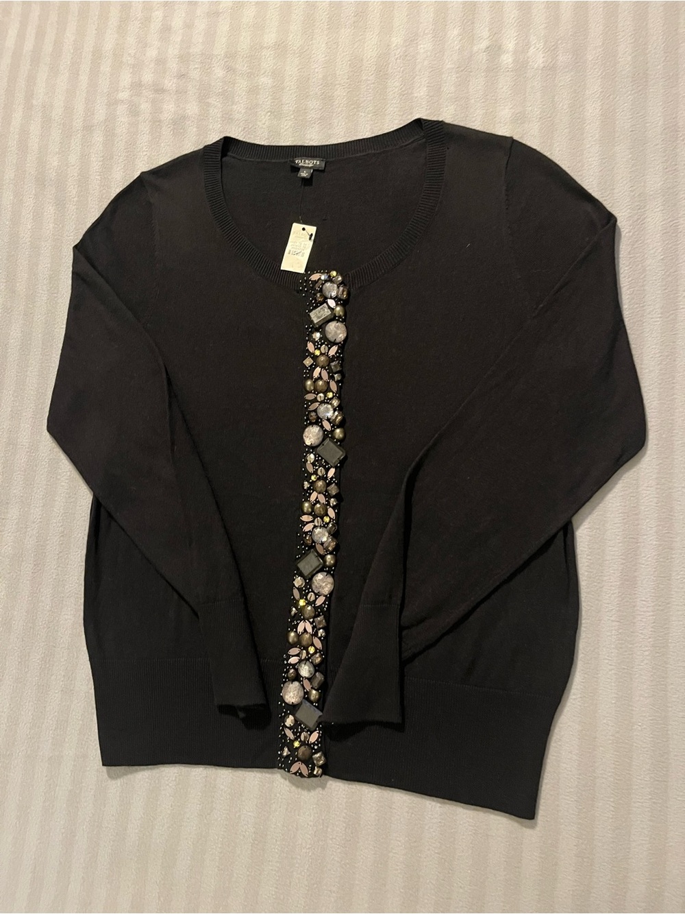 Talbots Black V-Neck Cardigan with Beaded Trim